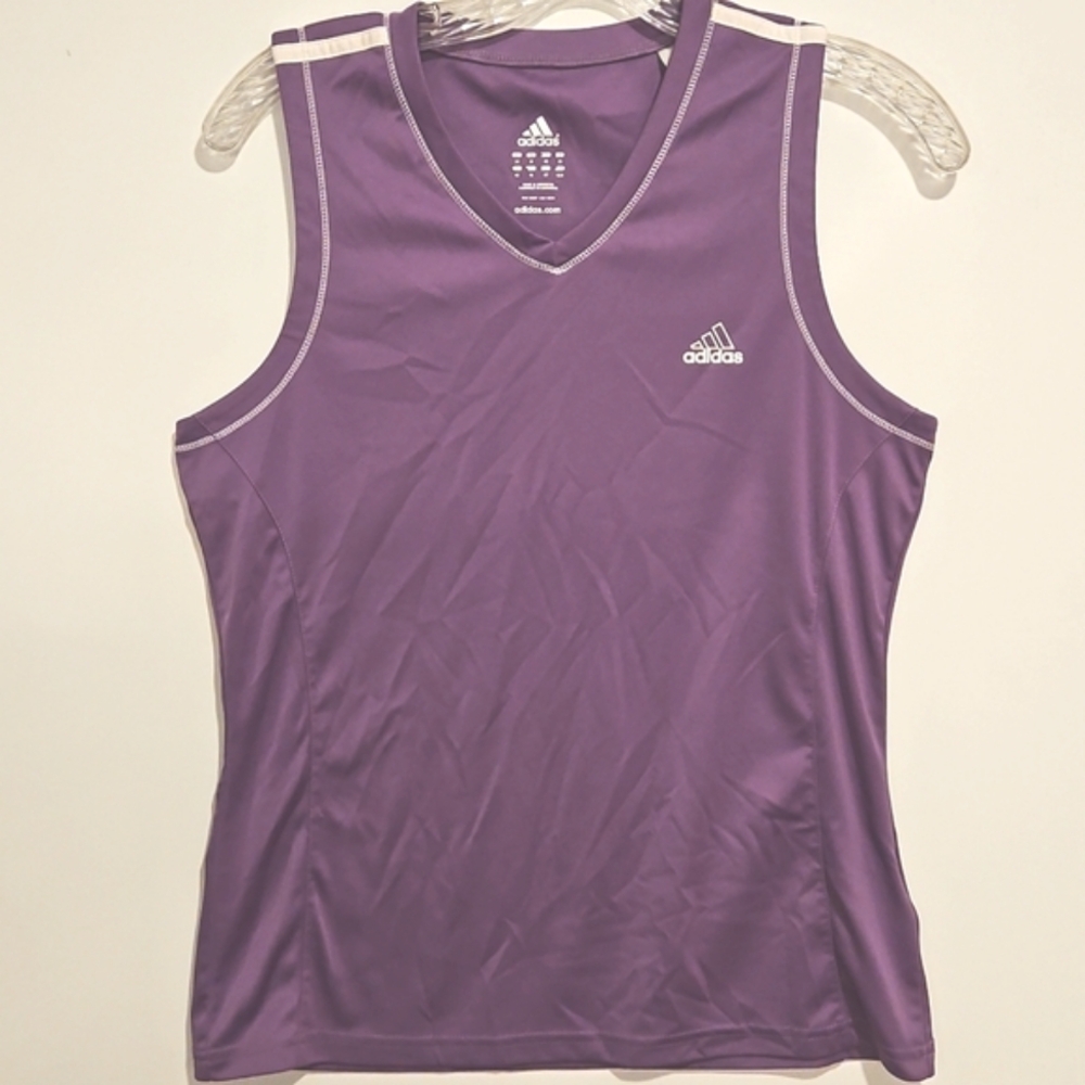 Adidas Purple sleeveless V neck white trim tank top MED Gym Workout